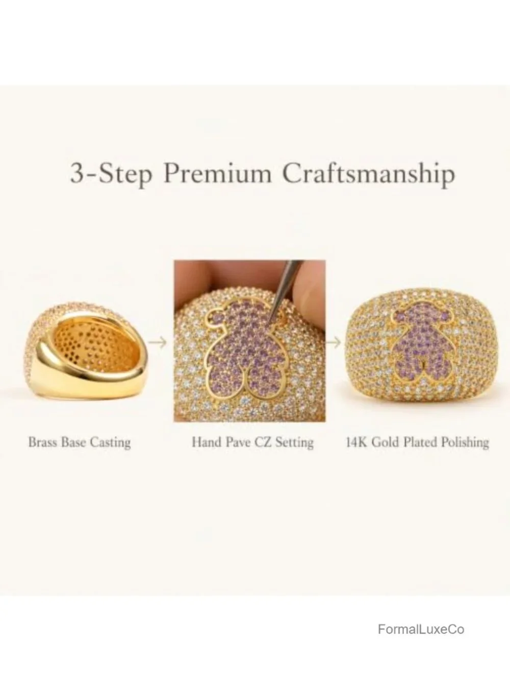 14K Gold Plated Pave CZ Bear Dome Statement Ring Women's Cocktail